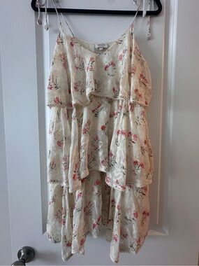 HEMANT & NANDITA Cream tiered Mini Dress with Pink Floral Print